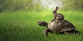 Hare and Tortoise Concept with the Hare riding on the tortoise\'s back Royalty Free Stock Photo