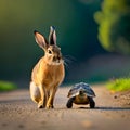 Hare and tortoise facing each other in a race - ai generated image