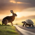 Hare and tortoise facing each other in a race - ai generated image