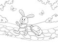 The hare is walking along the stone path with a travel suitcase. Page outline of cartoon. Vector illustration, coloring