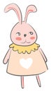 A hare wearing a beautiful pink gown dress that has yellow frills and a heart printed vector color drawing or illustration