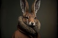 Hare wearing fur coat. Concept of eco friendly and cruelty free fashion. Created with Generative AI technology.