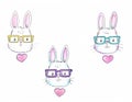 Three funny cartoon hares wearing glasses with hearts