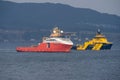 Hareid, Norway - 2022 March 24. Rig move of Equinor oil platform Njord Alpha with ahts vessels Magne Viking and Normand Prosper to Royalty Free Stock Photo