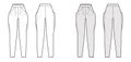 Harem pants technical fashion illustration with normal waist, high rise, slash pockets, draping front, full lengths.