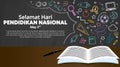 Hari pendidikan nasional Indonesia or Indonesia national education day background with a book on the table and an illustration of