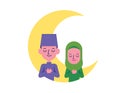 Hari Raya Aidilfitri. Muslim man and woman thankful together with hands on chest. Malay couple blessing with big moon background Royalty Free Stock Photo