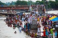 Haridwar, India - August 20, 2009: crowd on the banks of the Ganges for the rite of the sacred bath at Haridwar, Uttarakhand, Royalty Free Stock Photo