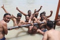 Haridwar, India - June 22, 2020: Pilgrims are taking holy bath in holy river Ganga at Har-ki-Pauri, Haridwar to got salvation on