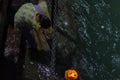 Haridwar, India - March 20, 2017: Holy ghats at Haridwar, India, sacred town for Hindu religion. Pilgrims offering floating flowe Royalty Free Stock Photo