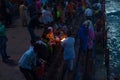 Haridwar, India - March 20, 2017:  Holy ghats at Haridwar, India, sacred town for Hindu religion. Pilgrims offering floating Royalty Free Stock Photo