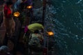 Haridwar, India - March 20, 2017:  Holy ghats at Haridwar, India, sacred town for Hindu religion. Pilgrims offering floating Royalty Free Stock Photo