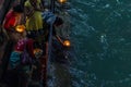 Haridwar, India - March 20, 2017:  Holy ghats at Haridwar, India, sacred town for Hindu religion. Pilgrims offering floating Royalty Free Stock Photo