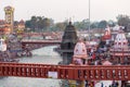 Holy ghats and temples at Haridwar, India, sacred town for Hindu religion. Pilgrims praying and bathing in the Ganges River. Royalty Free Stock Photo