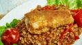 Harissa crumbed fish with lentils Royalty Free Stock Photo