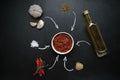 Harissa ingredients for cooking hot chilli red pepper, coarse sea salt, garlic, cumin zira, olive oil, ground coriander on a dark Royalty Free Stock Photo