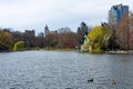 The Harlem Meer at Central Park with ducks and a Skyline View in New York City during Spring