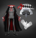 Harlequin costume with cape, starched wig and mask