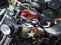 Harley Davidson logos on motorcycles during an exhibition in the city.