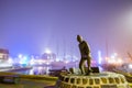 Harlingen, Netherlands - January 09, 2020. Statue `De Tobbedanser` by Bert Kiewiet in fog at night