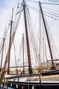 Harlingen, Nethrelands - January 10, 2020. Boats in water canal in downtown in winter