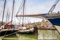 Harlingen, Nethrelands - January 10, 2020. Boats in water canal in downtown in winter