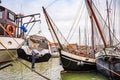 Harlingen, Nethrelands - January 10, 2020. Boats in water canal in downtown in winter