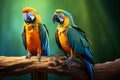 Harliquin macaw parrot bird, the green with puffy orange chest feather perching on the wooden log beside blue and gold macaw. Royalty Free Stock Photo