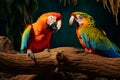 Harliquin macaw parrot bird, the green with puffy orange chest feather perching on the wooden log beside blue and gold macaw. Royalty Free Stock Photo