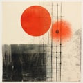 Minimalist Monotype Print: Retro-inspired Industrial Landscape With Red Circle And Lines