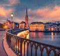 ÃÂ¡harm of the ancient cities of Europe. Adorable evening view of Fraumunster Church