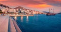 Amazing cityscape of Saranda port. Gorgeous Ioninian seascape.