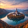 harm of the ancient cities of Europe. Panoramic morning view of Pilgrimage Church of the Assumption of Maria. Exciting