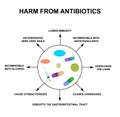 Harm from antibiotics. Dysbacteriosis Pills, drugs, antibiotics. Infographics. Vector illustration on isolated