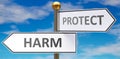 Harm and protect as different choices in life - pictured as words Harm, protect on road signs pointing at opposite ways to show Royalty Free Stock Photo