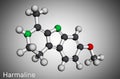 Harmaline molecule. It is fluorescent indole alkaloid. Molecular model. 3D rendering Royalty Free Stock Photo