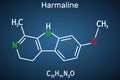 Harmaline molecule. It is fluorescent indole alkaloid. Structural chemical formula on the dark blue background Royalty Free Stock Photo