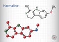 Harmaline molecule. It is fluorescent indole alkaloid. Structural chemical formula and molecule model. Sheet of paper in Royalty Free Stock Photo