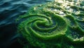Harmful algal bloom forms intricate green patterns on dark water surface. Microscopic organisms create growth, affecting Royalty Free Stock Photo