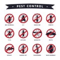 Harmful Insects Prohibition Signs, Moth, Mosquito, Diplura, Tick, Termite, Fly, Rat, Cockroach, Scolopendra, Pest Royalty Free Stock Photo