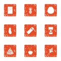 Harmful repast icons set, grunge style