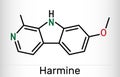 Harmine molecule. It is fluorescent harmala alkaloid, inhibits monoamine oxidase A, MAO-A. Skeletal chemical formula