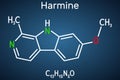 Harmine molecule. It is fluorescent harmala alkaloid, inhibits monoamine oxidase A, MAO-A. Structural chemical formula on the dark
