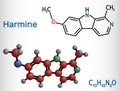 Harmine molecule. It is fluorescent harmala alkaloid, inhibits monoamine oxidase A, MAO-A. Structural chemical formula and