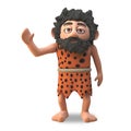 Harmless caveman 3d cartoon character waves amiably with his right hand, 3d illustration Royalty Free Stock Photo