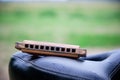 Harmonica on bicycle seat on background of green grass.Music for road