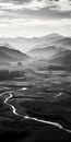 Harmonious Black And White Terragen Landscape: Captivating Rice Fields And River Royalty Free Stock Photo