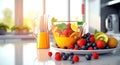 A Harmonious Blend of Fruit Juice, Berry Medley, and Wholesome Salad, Served in a Modern Kitchen. Generative AI