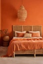 A harmonious blend of modern design and organic elements, this bedroom features a bold orange wall and a natural woven