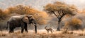 Harmonious coexistence elephant and gazelle in african savannah sanctuary at dawn